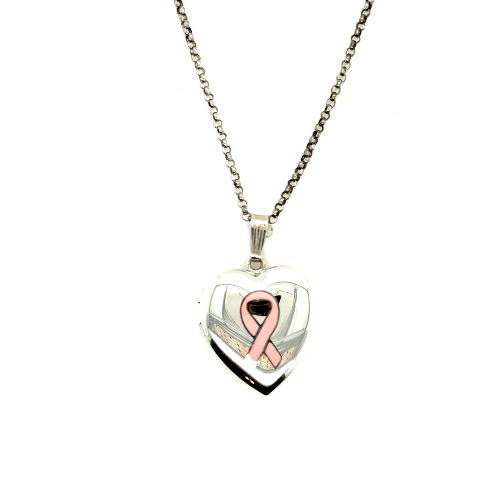 Sterling Silver Pink Ribbon Awareness Heart Locket Necklace 18 Inch Chain